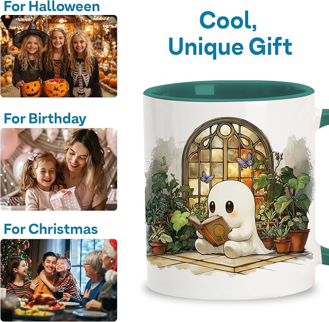Hyturtle Cute Ghost Reading Mug Gifts for Readers on Birthday, Halloween | Book Lover Mug, Plant Lover Gifts For Women, Premium 11oz ceramic mug, Vivid durable double-sided print, Comfort grip handle