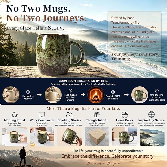 Unique Reactive Glaze Ceramic Coffee Mug - 14 oz Large Coffee Cup with Ergonomic Handle, Forest Green Ceramic Mug for Office & Home, Great Birthday Gift for Women, Men & Friends, Microwave Safe