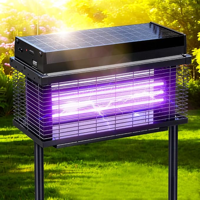 Solar Bug Zapper Outdoor, Purple UV Mosquito Zapper with Smart Rain Off Rechargeable Mosquito Killer Lamp, Wireless Solar Powered Fly Trap for Yard Patio RV (Black)