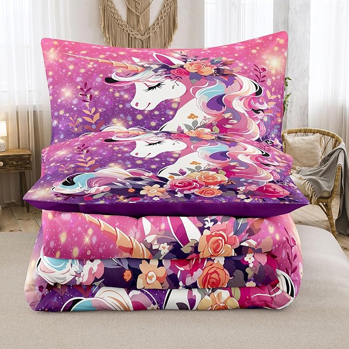 Tailor Shop Kids Bedding Set for Girls Unicorn Comforter Set Full Girls Bedding Sets All Season with 2 Pillowcase……