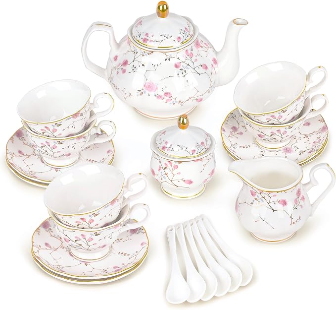 fanquare 21-Piece Gold Vine Floral Porcelain Tea Sets with Sugar Bowl Creamer Teacups, English Bone China Tea Service for Women TeaParty Family Gathering Home Décor | Porcelain Tea Service with Sugar Bowl Creamer Teacups for Women TeaParty Family Gathe...