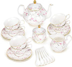 fanquare 21-Piece Gold Vine Floral Porcelain Tea Sets with Sugar Bowl Creamer Teacups, English Bone China Tea Service for Women TeaParty Family Gathering Home Décor | Porcelain Tea Service with Sugar Bowl Creamer Teacups for Women TeaParty Family Gathe...