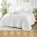 Queen Size Tufted Kids Comforter Set 7 Piece White Jacquard Tufts Embroidery Bedding Set for Boys Girls Bed in A Bag Quilt with 1 Comforter, 1 Flat Sheet, 1 Fitted Sheet, 2 Pillowcase, 2 Pillow Sham