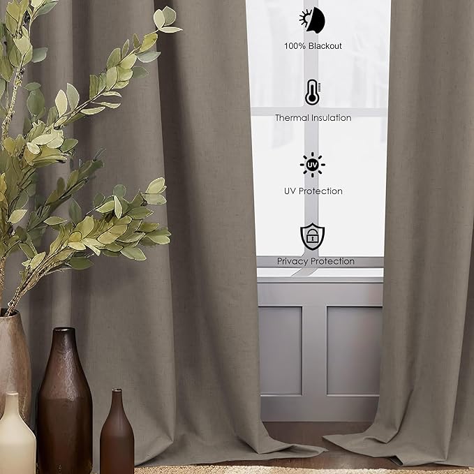 Back Tab Blackout Long Curtains for Living Room Darkening Light Blocking Brown Linen Drape 108 Inch Length 2 Panels Earth Tone Thermal Insulated Noise Reducing Heat Large Window Curtain 9ft Extra Long