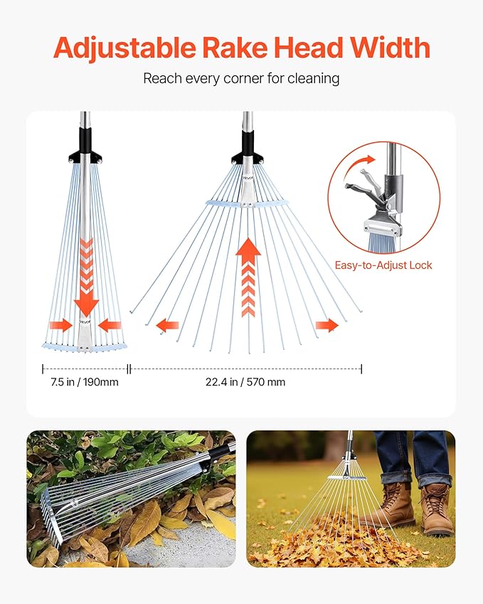 VEVOR Leaf Rake, 15 Metal Tines, Adjustable Garden Rake for Lawns with 7.5-22.4 Inch Wide Head & 32-63 Inch Long Handle, Heavy Duty Stainless Steel Small Leaves Tool for Gardening Camping Yard Grass