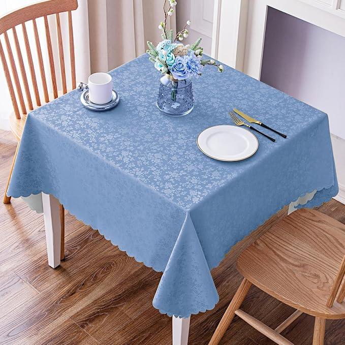 Smiry Square Waterproof Heavy Duty Vinyl Tablecloths, 54 x 54 Inch | Wipeable Washable Floral Embossed Table Cover for Kitchen and Dining Room, Indoor & Outdoor Use, Haze Blue