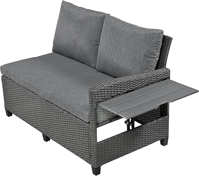 5 Piece Outdoor Furniture Patio Conversation with Dining Table&Bench, Sectional PE Wicker L-Shaped Sofa w/2 Extendable SideTable&Cushions&Washable Covers, Garden Rattan Couch, Gray
