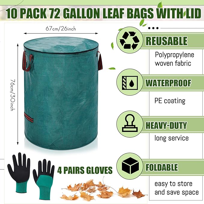 10 Pcs 72 Gallons Yard Waste Bags with Lid and 4 Pairs Gardening Coated Gloves Leaf Bags (h30" x D26") 4 Handles Large Waste Container for Lawn Yard Weed Leaf