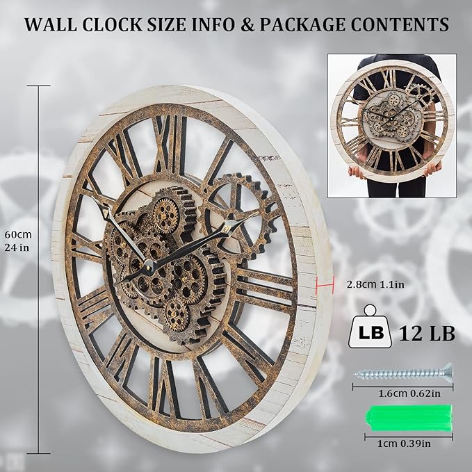 HOIBAI Wall Clock, 24 Inch Moving Gears Clock Large Wall Clock for Living Room Decor Rustic Vintage Industrial Steampunk Farmhouse Big Clock for Home Kitchen Bedroom Office