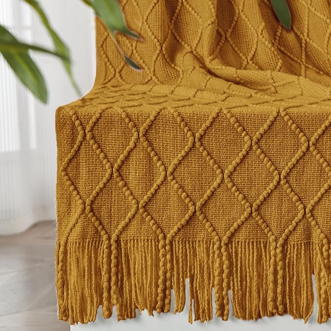 inhand Knitted Fall Throw Blanket for Couch and Bed, Knit Fall Decor Halloween Blanket with Tassel, Brown Lightweight Decorative Farmhouse Warm Woven Blankets and Throws for Women, 60"x80"