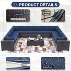 Patio Furniture Set 14-Piece Outdoor Furniture for Backyard Wicker Sectional Sofa Set, PE Rattan Patio Conversation Set 12 Seat with Thickened Cushions and Glass Coffee Tables, Navy Blue