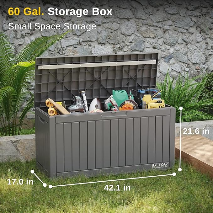 EAST OAK Outdoor Storage Box, 60 Gallon Deck Box Indoor and Outdoor Use, Waterproof Resin Storage Bin for Patio Cushions, Gardening Tools, Lockable, UV Resistant, Grey