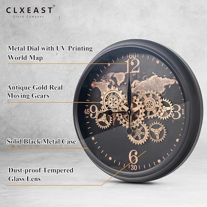 CLXEAST 24 Inch Moving Gear Wall Clock with World Map Pattern,Large Black Gold Metal Wall Clock for Modern Farmhouse Living Room Decor,Reloj De Pared para Sala