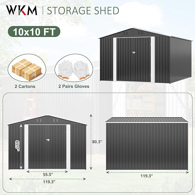 WKM 10x10 FT Outdoor Storage Shed, Utility Metal Tool Storage with Lockable Doors and Updated Frame Structure, Metal Garden Shed for Backyard, Patio Lawn, Black
