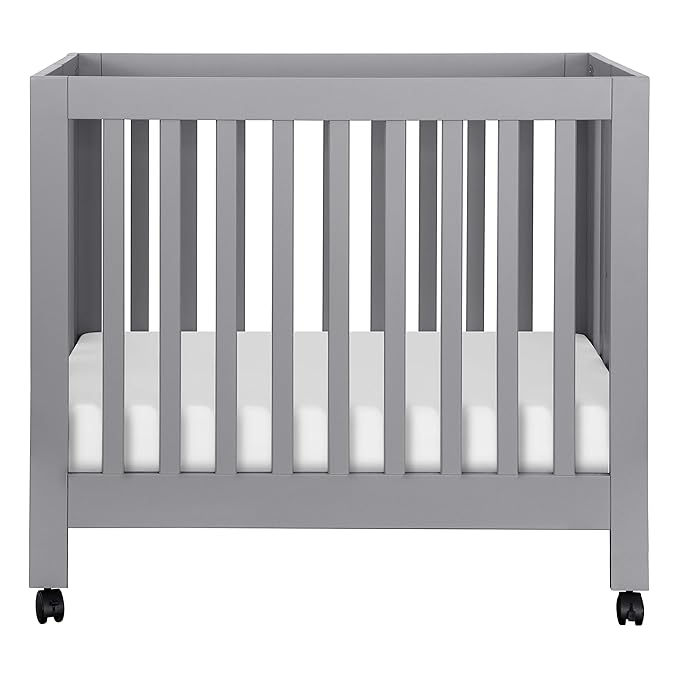 Babyletto Origami Mini Portable Folding Crib with Wheels in Grey, 2 Adjustable Mattress Positions, Greenguard Gold Certified