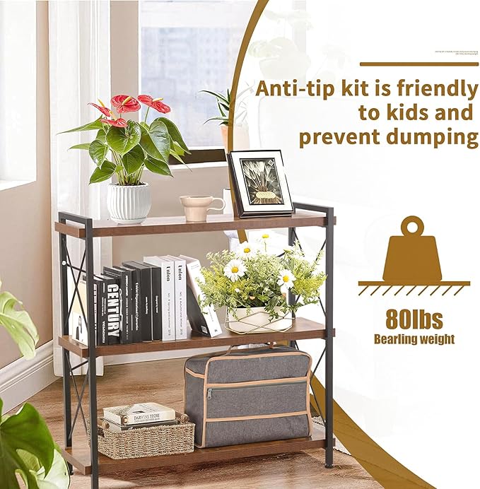Industrial Bookshelf,Rustic Open Shelf Bookcase,3 Tier Book Shelf for Bedroom Office Living Room,Small Bookshelf for Small Spaces with Metal Frame