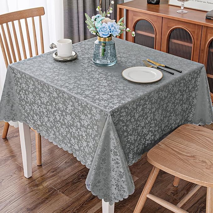 Smiry Square Table Cloth, Waterproof Heavy Duty Vinyl Tablecloths, Wipeable Washable Table Cover for Kitchen and Dining Room (Grey, 54" X 54") | Wipeable Washable Floral Embossed Table Cover for Kitchen and Dining Room, Indoor & Outdoor Use, Grey