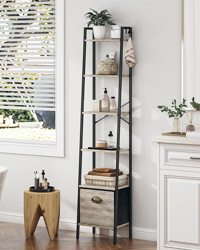 Narrow Bookshelf Bookcase with Drawer, Ladder Shelf with 2 Hooks, Bookshelves Storage Organizer, Freestanding Display Standing for Home Office, Bedroom, 6 Tier Greige BC19605B