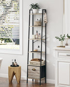 Narrow Bookshelf Bookcase with Drawer, Ladder Shelf with 2 Hooks, Bookshelves Storage Organizer, Freestanding Display Standing for Home Office, Bedroom, 6 Tier Greige BC19605B