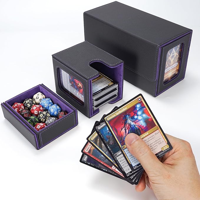 AFIING MTG Commander Card Storage Box - Fits 200 Double Sleeved Cards,3-in-1Card Deck Case,Strong Magnet Card Organizer For Magic Commander TCG CCG,4Dividers &2 Toploaders, Black/Purple