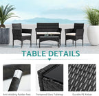Patio Furniture, 4 Piece Conversation Set, Outdoor Wicker Rattan Table and Chairs, Sectional Sofa with Thick Cushion for Garden, Yard, or Porch, Dark Black