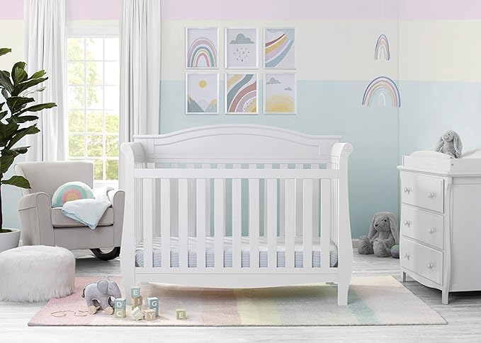 Delta Children Lancaster 4-in-1 Convertible Baby Crib, Bianca White + Serta Perfect Slumber Dual Sided Recycled Fiber Core Crib and Toddler Mattress (Bundle)