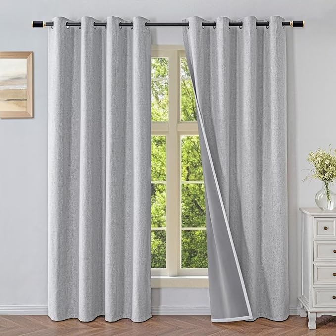 Blackout Curtains 90 Inch Length 2 Panels Set, 100% Black Out Textured Thermal Curtains, Grommet Privacy Light Blocking Drapes for Living Room Bedroom Luxury Deco(52W × 90L inch, Off-White)