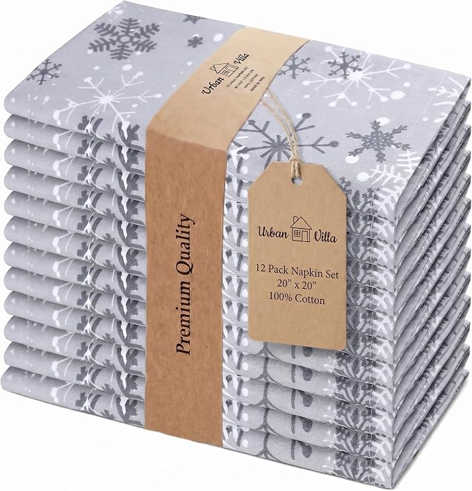 Urban Villa Cloth Napkins Cotton 20x20 (Set of 12) Grey Snow Flake