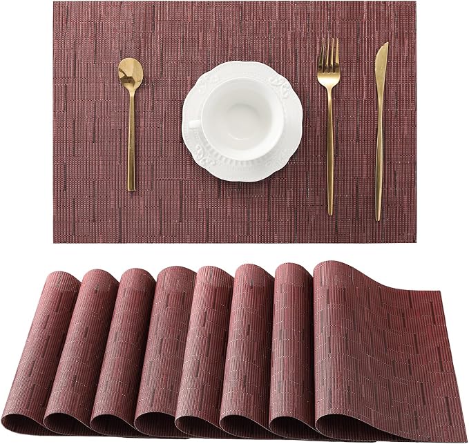 Leetaltree Burgundy Placemats Set of 8 - Heat Resistant Non-Slip Place mats for Dining Table, Washable Durable PVC Vinyl Woven Table Mats（Burgundy, 8）
