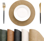 MOSAYT 13 Inch Round Vinyl Placemats Set of 8 - Faux Leather 100% Waterproof Oil-Proof Wipeable PU Place Mats, Heat Resistant Reversible Table Mats for Kitchen, Dining, Outdoor, Camel