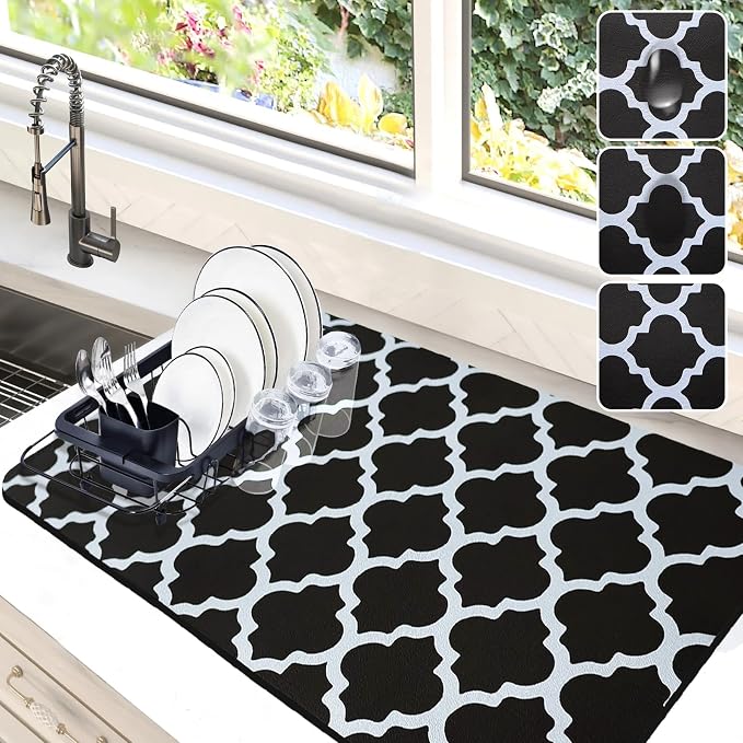 Dish Drying Mat for Kitchen Counter, 16x24 Rubber Backed (Black Trellis) | Hide Stain Anti Absorbent for Kitchen Counter, Non-slip Drying Mat for Coffee Machine Dish Rack