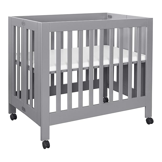 Babyletto Origami Mini Portable Folding Crib with Wheels in Grey, 2 Adjustable Mattress Positions, Greenguard Gold Certified