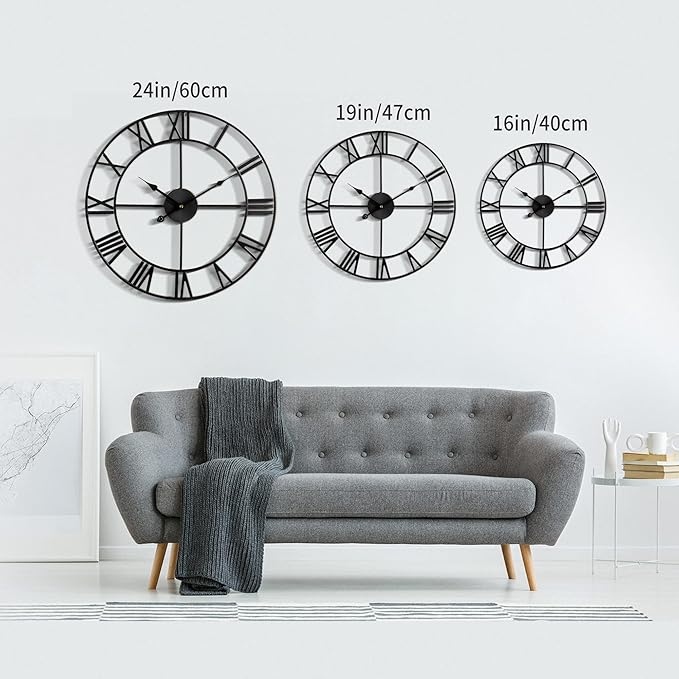 Large Modern Metal Wall Clocks Rustic Round Nearly Silent Little Ticking Battery Operated Roman Numerals Clock for Living Room/Bedroom/Kitchen Wall Decor-(Black, 47cm)