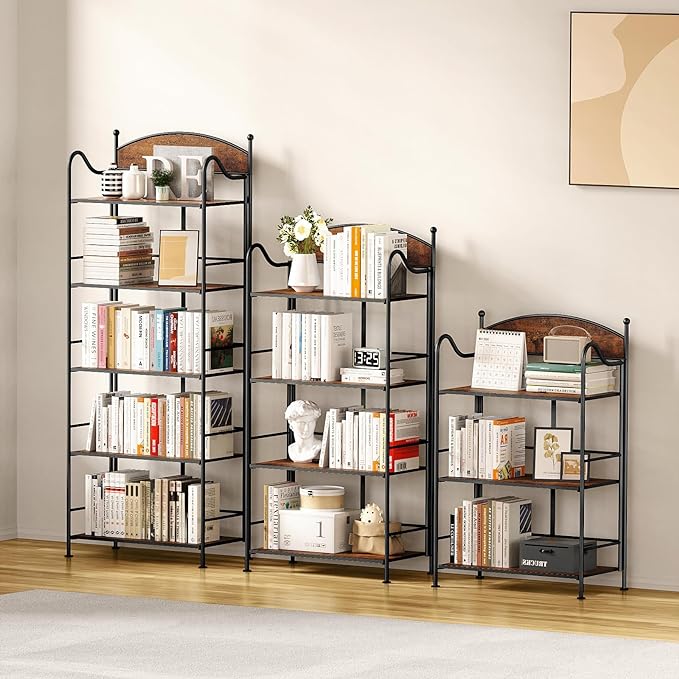 Folding Bookshelf No Assembly, 3 Shelf Black Folding Bookcase,Industrial Small Metal Corner Display Book Shelf with Storage Shelves for Bedroom,Living Room, Home Office Organization