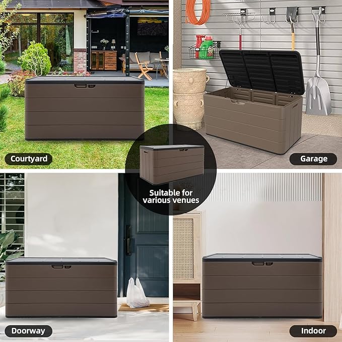 100 Gallon Plus Outdoor Storage Box Waterproof Lockable Resin Deck Box Large, Patio Storage Bin for Pool Accessories Cushion Furniture, Garden Tools, UV-Resistant Outside Delivery Brown