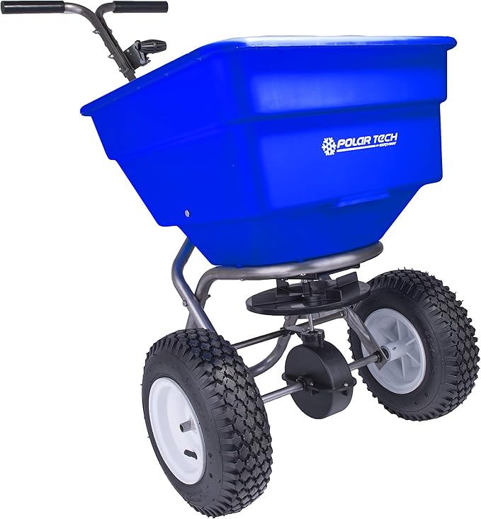 EarthWay Polar Tech 90399 100 LB Professional Ice Melt Broadcast Walk Behind Spreader with 13" Pneumatic Tires, Adjustable Handle, and Solid Linkage Control