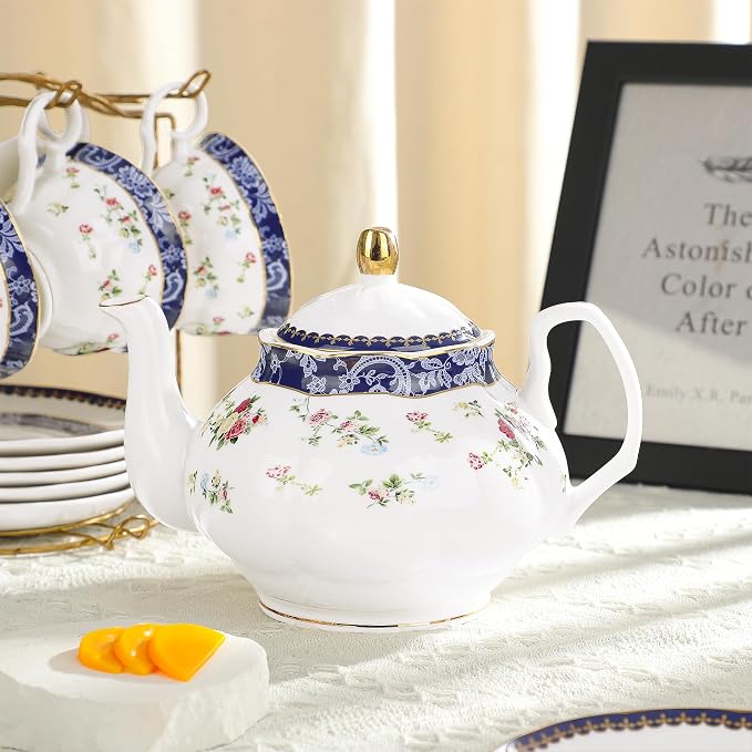 fanquare Bone China Tea Sets for Adults, 21-Piece Blue Lace and Roses Porcelain Tea Service with Sugar Bowl & Creamer, English Cremic Floral Teacups Set of 6 for Women Tea Party | Porcelain Tea Service with Sugar Bowl and Creamer, English Floral Cerami...