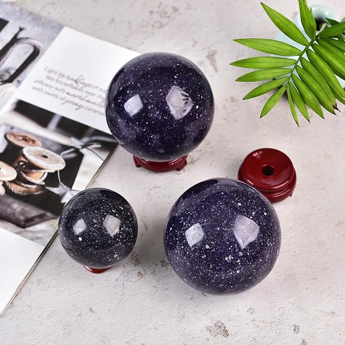 JIC Gem Deep Purple Lepidolite Sphere with Stand Natural Sparkling Lithia Mica Crystal Ball Brazil Mineral Gemstone (80-90mm)