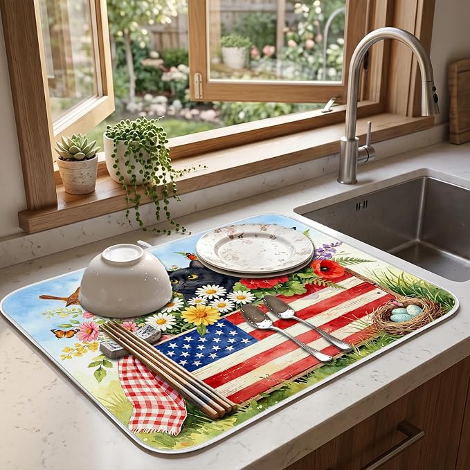 Patriotic Cats Dish Drying Mat for Kitchen Counter Coffee Bar 18x24 in | Decorative Non Slip Absorbent Kitchen Dishes Drainer Mat, with Anti-slip Rubber Backing & Hanging Loop, for Sink, Home Gift