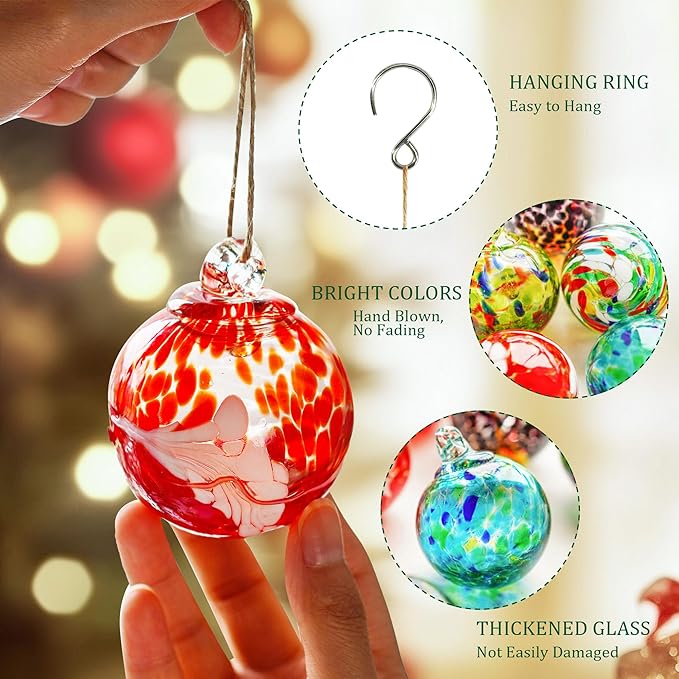 QFkris 6 Pack Hand Blown Glass Ornament for Christmas Tree, 2.3" Hanging Gazing Ball Witch Balls Glass Friendship Gift for Indoor Window Garden Outside Home Decor for Women