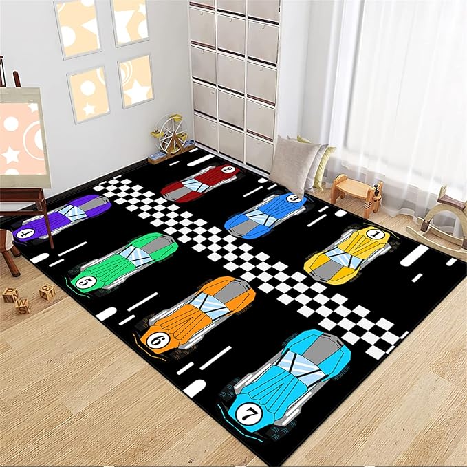 Race Car Rug Kids Play Area Rugs Race Car Track Rug Kids Rug with Roads and Tracks Car Track Carpet Car Rug for Boys Room Race Car Room Decor for Boys,Black 5'×7'