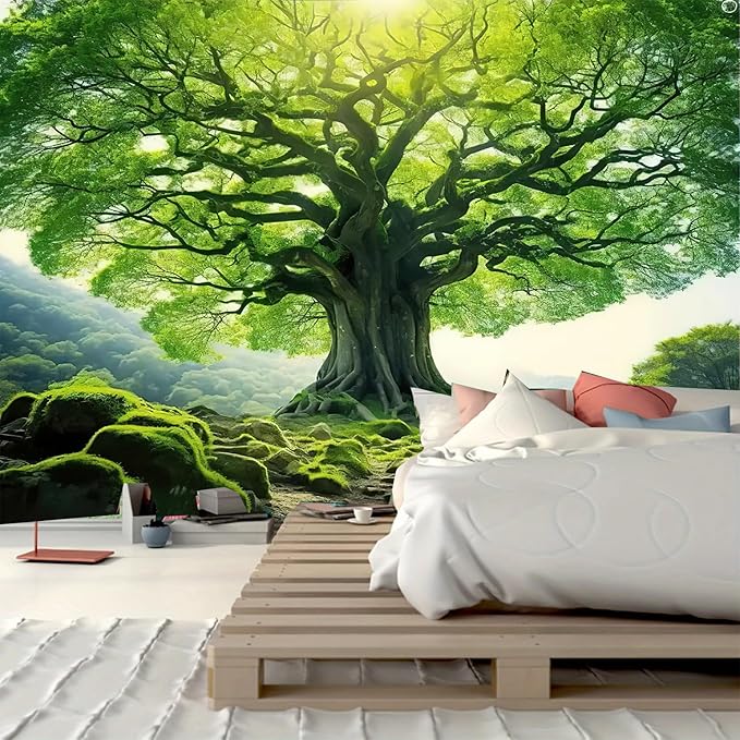 FENDROM Nature Green Big Tree Wall Tapestry Landscape Forest Mountains Sunshine Through Tree of life 3D Print Wall Art for Bedroom Living Room Dorm Decor
