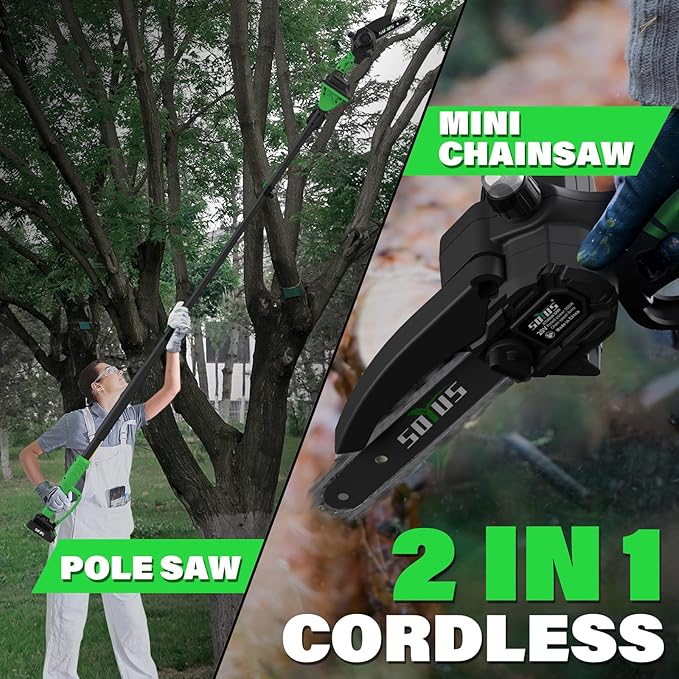 SOYUS 2-IN-1 Cordless Pole Saw & Mini Chainsaw, 21V 6-Inch Electric Pole Chainsaw for Tree Trimming, Auto Oiling, 15FT MAX Reach Pole Saw for Thick Branches(2x2.0Ah Batteries & Charger Included)