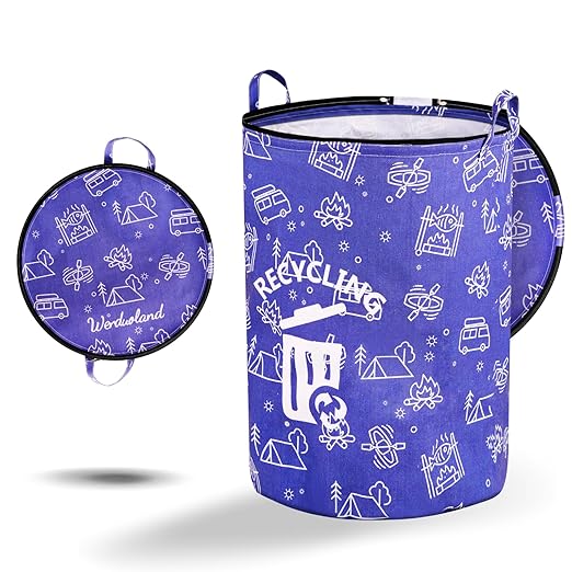 1 Pcs 30 Gallon Collapsible Trash Can Portable Waterproof Reusable with Zippered Lid for RV's, Camping, Recycling, Yard Waste, Leaf Bag, Children Toy Bin (Recycling)