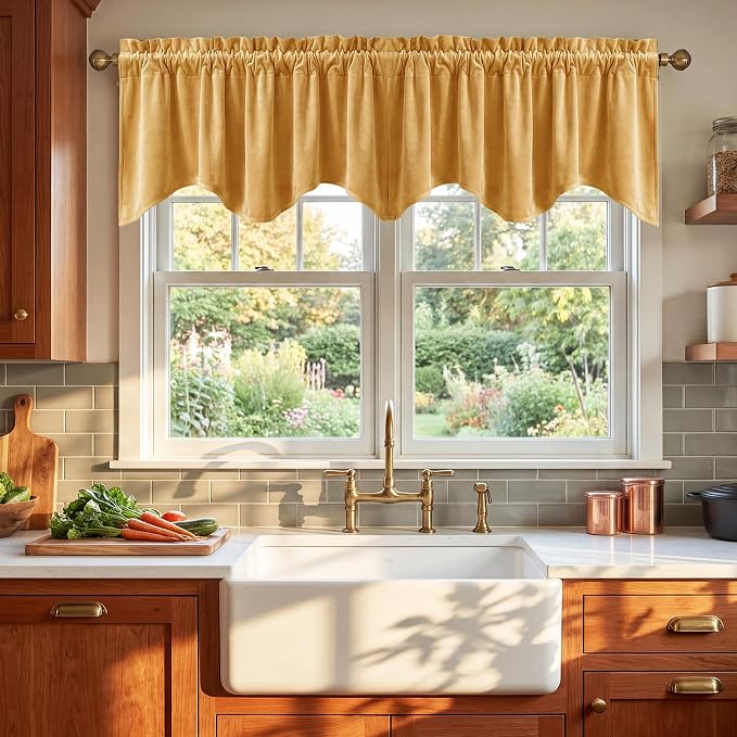 Yellowish Gold Scalloped Velvet Valance, Luxury Gold Wavy Window Treatments for Kitchen, Decorative Rod Pocket Short Drapes for Farmhouse, 52x18 Inch, 4 Panel Set