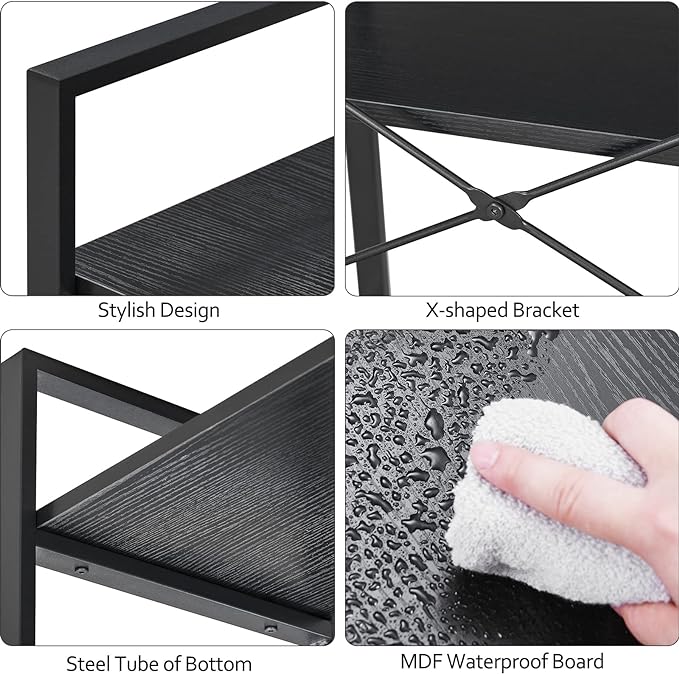 BEWISHOME 2 Tier Small Bookshelf, Black Industrial 2 Shelf Wooden Storage Bookcase with Metal Frame, Mini Shoe Rack with Short Shelves for Hallway, Bedroom, Living Room and Home Office JCJ52B