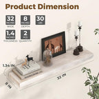 Axeman Floating Shelves for Wall - 32''W x 8'' D Rustic Solid Elm Wood Shelves for Storage, Wall Mounted Display Shelving with Invisible Heavy-Duty Metal Bracket (White Wash, 2PCs)