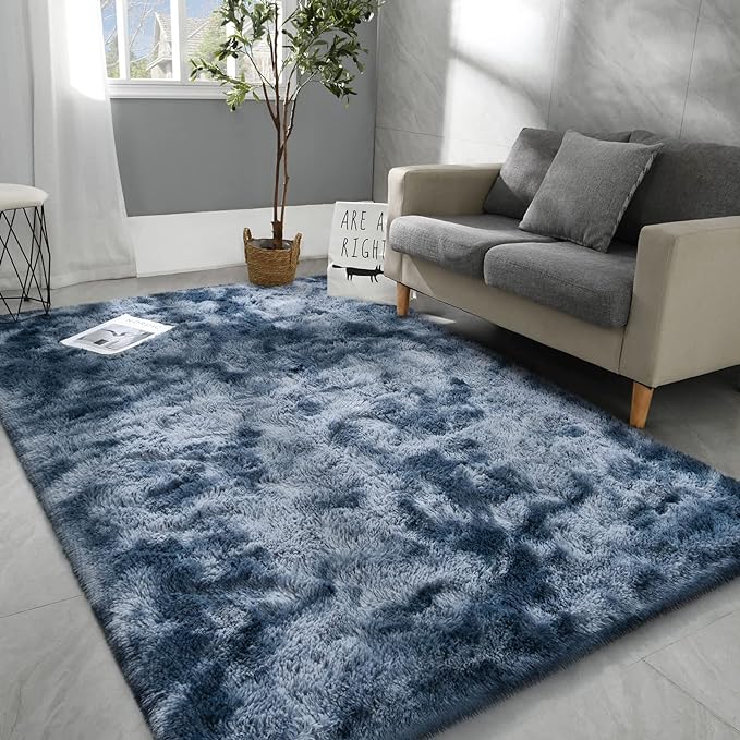 5x8 Large Area Rugs for Living Room, Super Soft Fluffy Modern Bedroom Rug, Tie-Dyed Blue Grey Indoor Shag Fuzzy Carpets for Girls Kids Nursery Room Home Decor