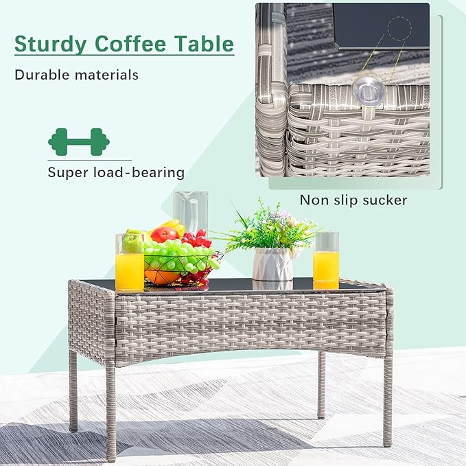 Greesum Patio Furniture 4 Pieces Conversation Sets Outdoor Wickerr Rattan Chairs Garden Backyard Balcony Porch Poolside loveseat with Soft Cushion and Glass Table, Gray and Beige