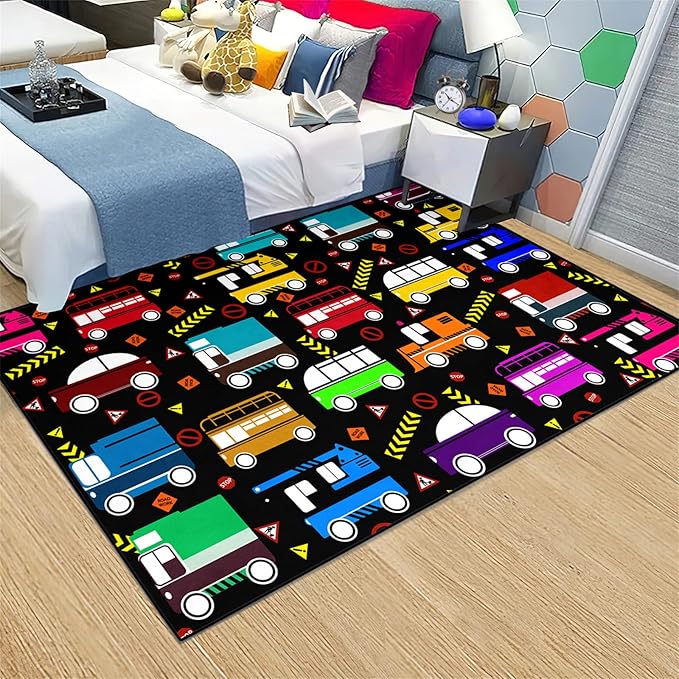 Car Play Mat Kids Rugs for Playroom Car Track Rug Kids Mat Construction Play Mat Car Play Rug Car Carpet for Kids Carpet for Bedroom Truck Rugs for Boys Room,Black 4'5''×6'